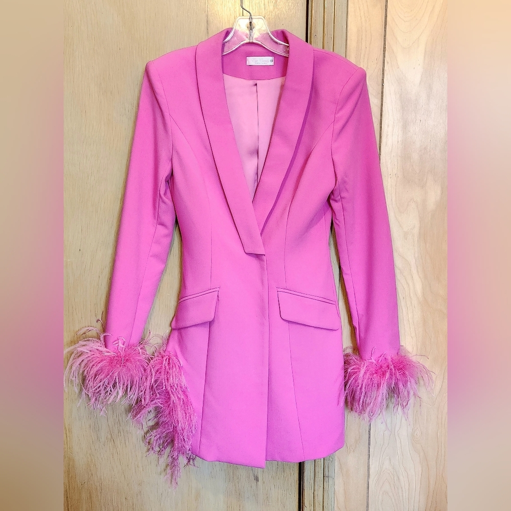 Eye Candy Couture Blazer Womens Size XS Candy Pink W/Feathers Sexy Jacket